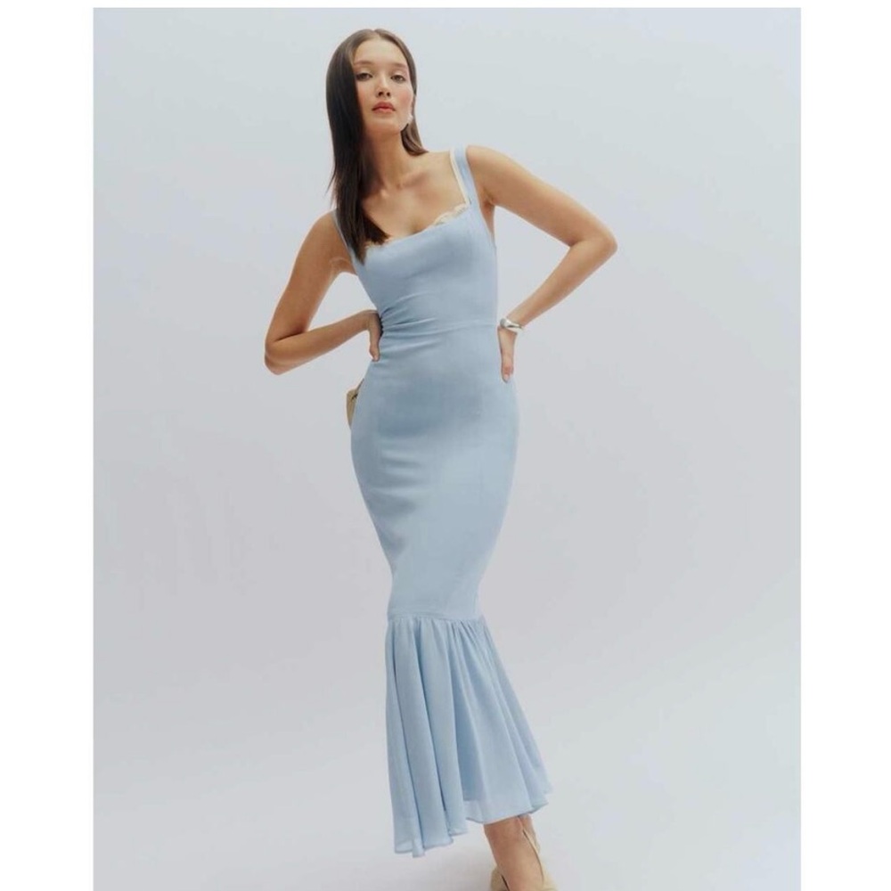 Reformation Irisa Fitted Midi Baby Blue Dress